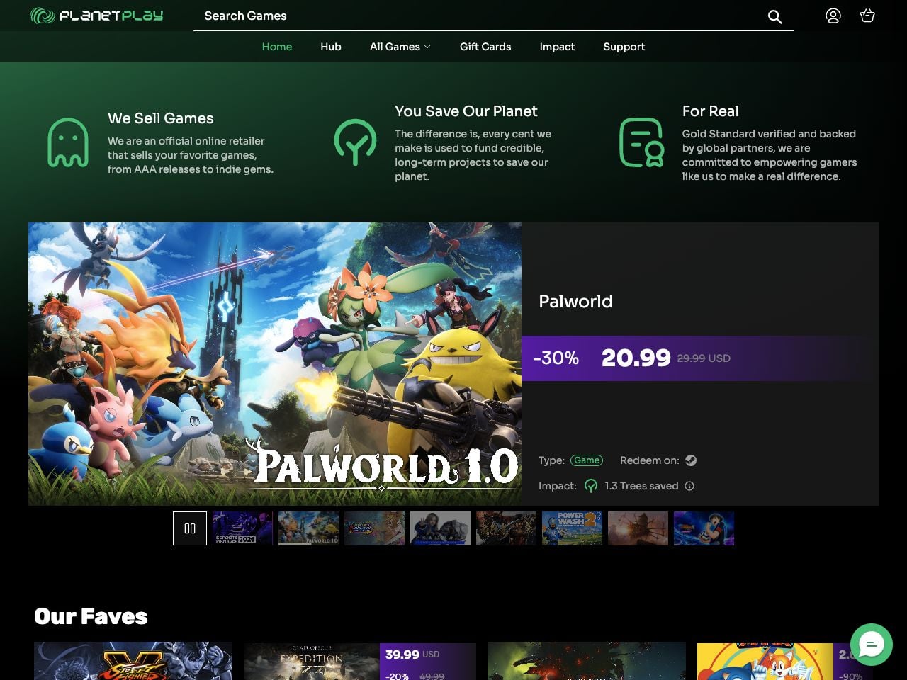 PlanetPlay marketplace showing games and their environmental benefit.