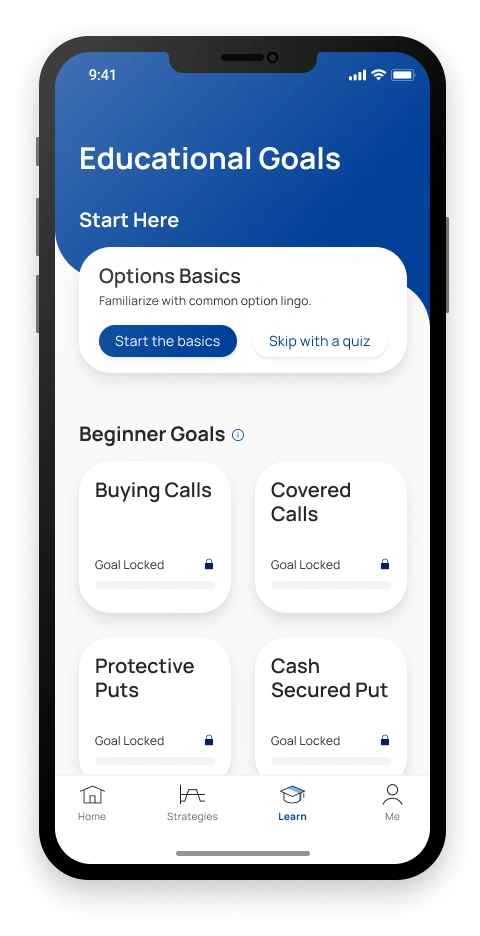 Education screen with options basics, a skip-ahead quiz and beginner learning goals.