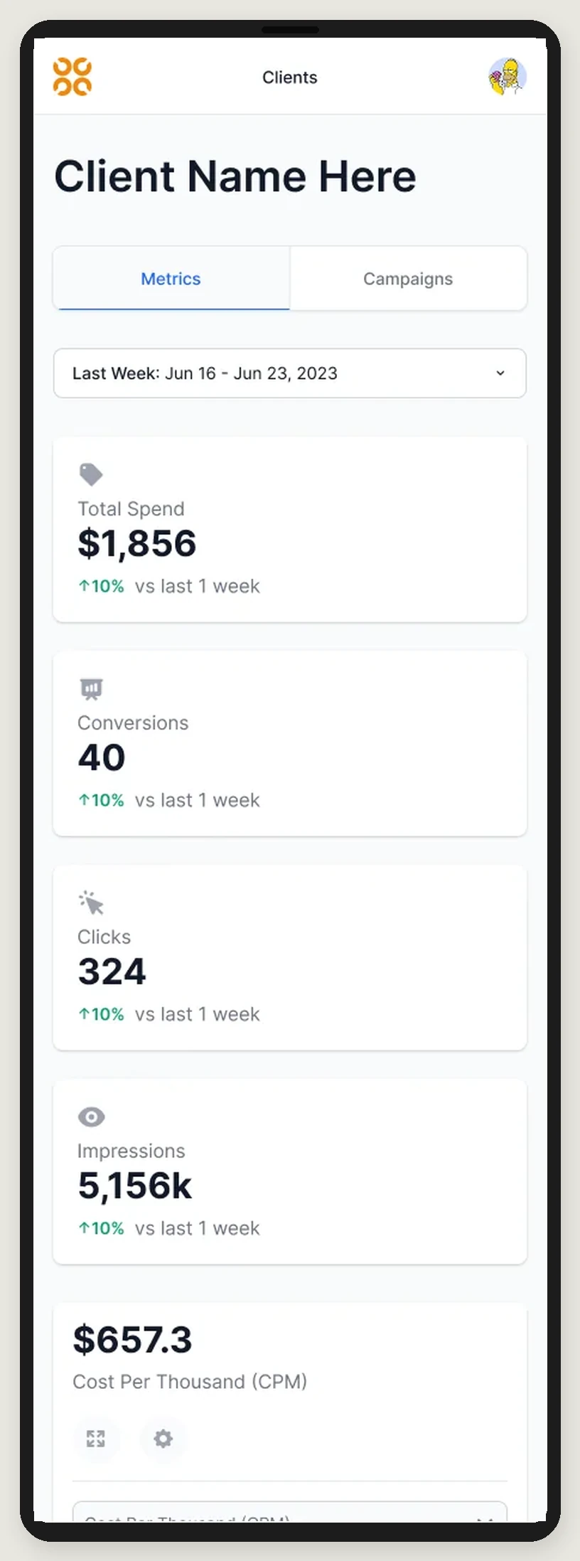 The original mobile device view showing a client’s date range, spend, conversions, clicks and impressions.