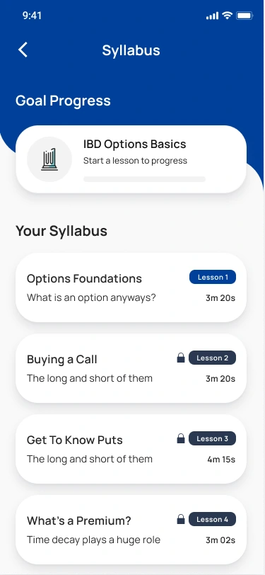 Syllabus showing goal progress, lesson topics, durations and the next available lesson.